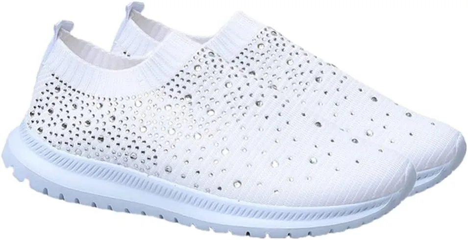 1pair Casual Women Sports Shoes Breathable Rhinestone Mesh Sneakers Lightweight Low-Heeled Fashion Footwear for Sports Parties Indoor and Outdoor Activities White