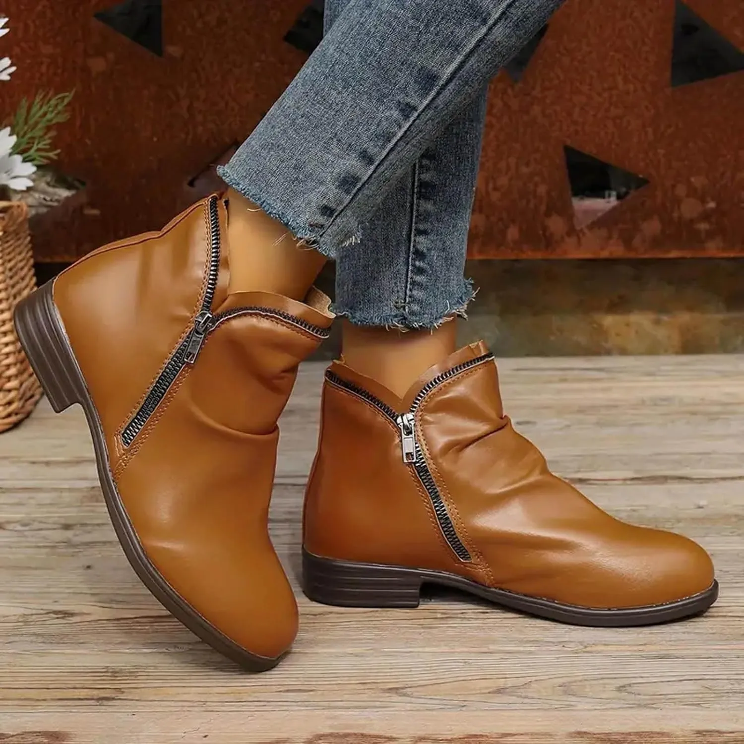 2024 Ankle Boots for Women Vintage Casual Side Zipper Booties Arch Support Low Heel Boots Womens Solid Fashion Walking Boots