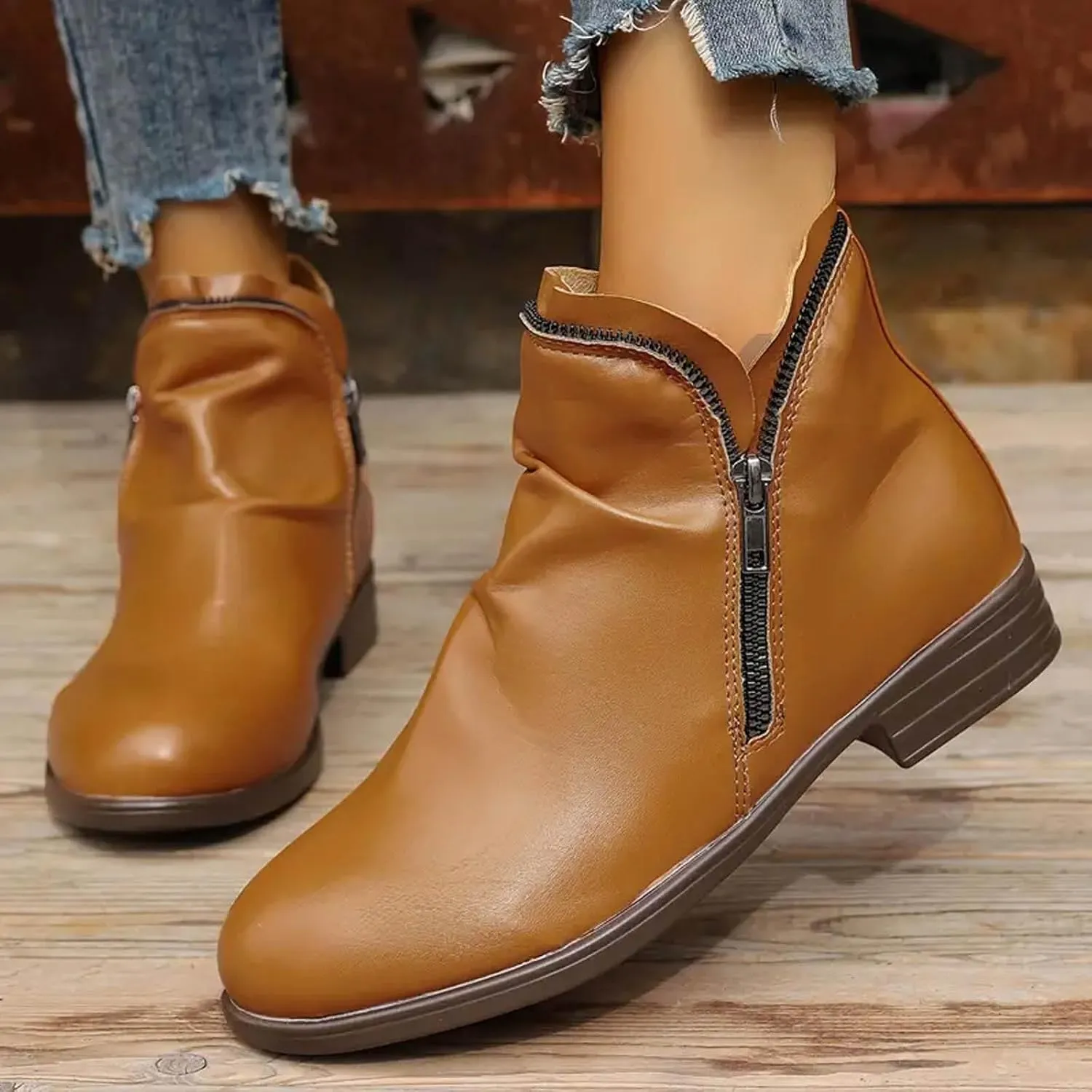 2024 Ankle Boots for Women Vintage Casual Side Zipper Booties Arch Support Low Heel Boots Womens Solid Fashion Walking Boots