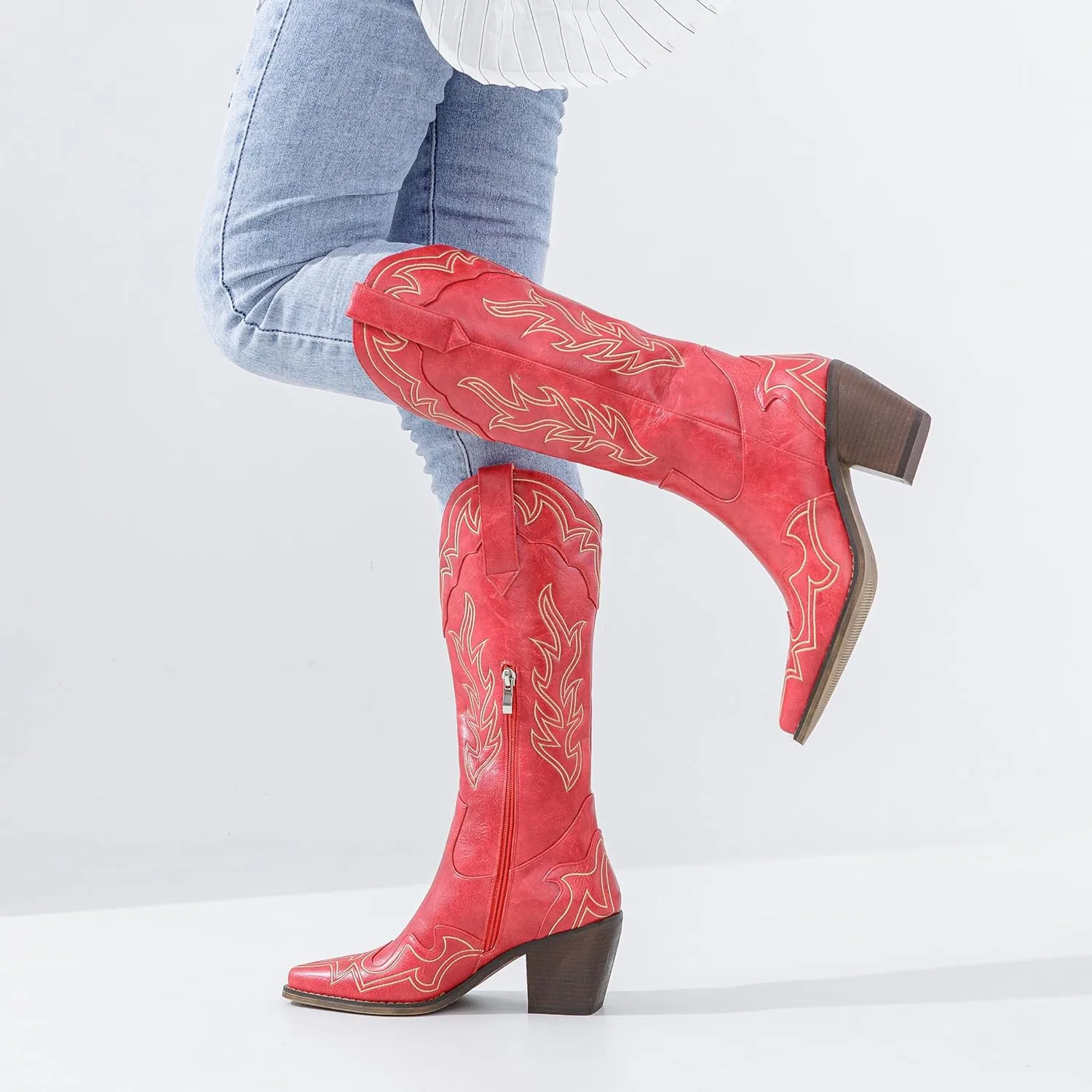 ADAMUMU Womens Wide Calf Cowboy Boots Classic Western-Style Cowboys Boots for Women Pointed Toe Womens Cowgirl Boots with Chunky Heel Non-Slip Sole for Adding Timeless Elegance to Your Wardrobe