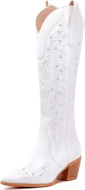 ADAMUMU Womens Wide Calf Cowboy Boots Classic Western-Style Cowboys Boots for Women Pointed Toe Womens Cowgirl Boots with Chunky Heel Non-Slip Sole for Adding Timeless Elegance to Your Wardrobe