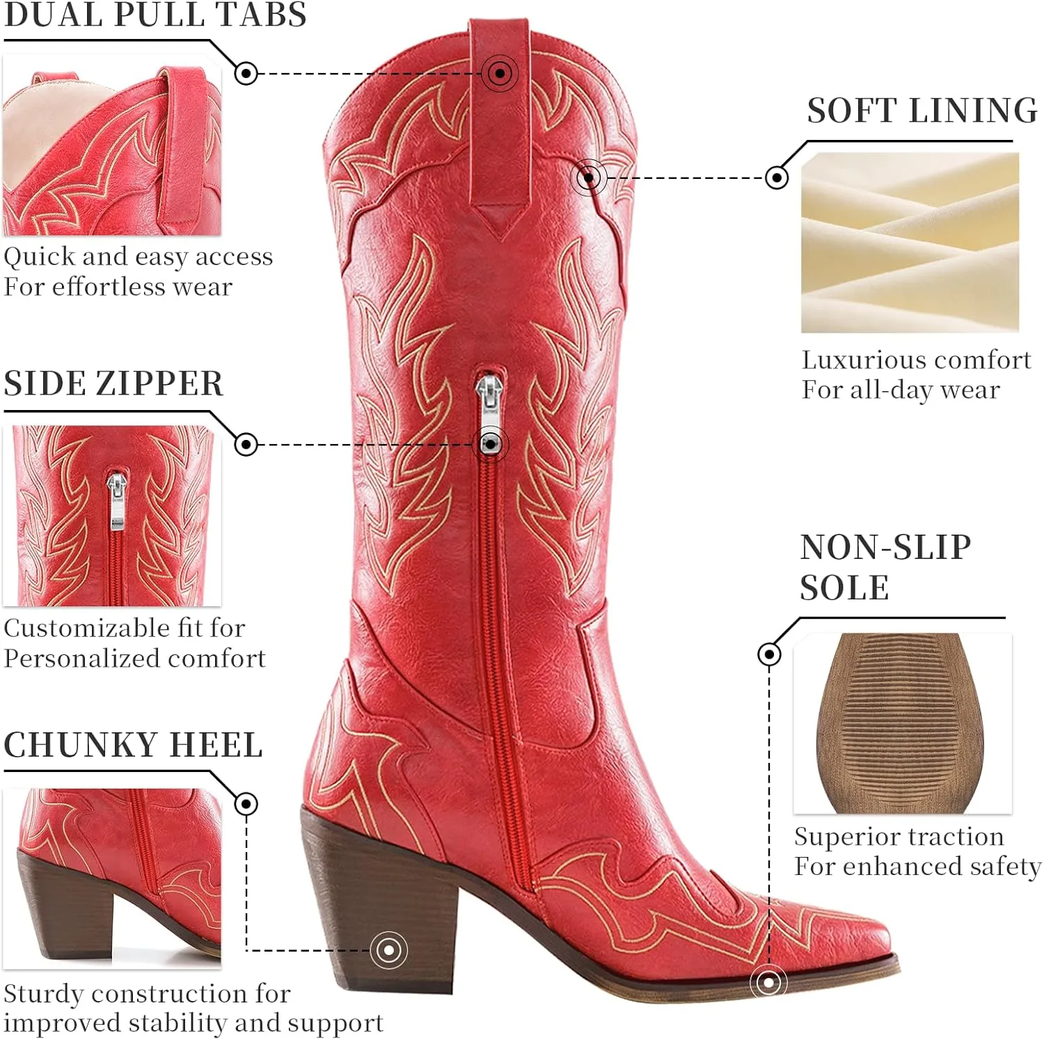 ADAMUMU Womens Wide Calf Cowboy Boots Classic Western-Style Cowboys Boots for Women Pointed Toe Womens Cowgirl Boots with Chunky Heel Non-Slip Sole for Adding Timeless Elegance to Your Wardrobe