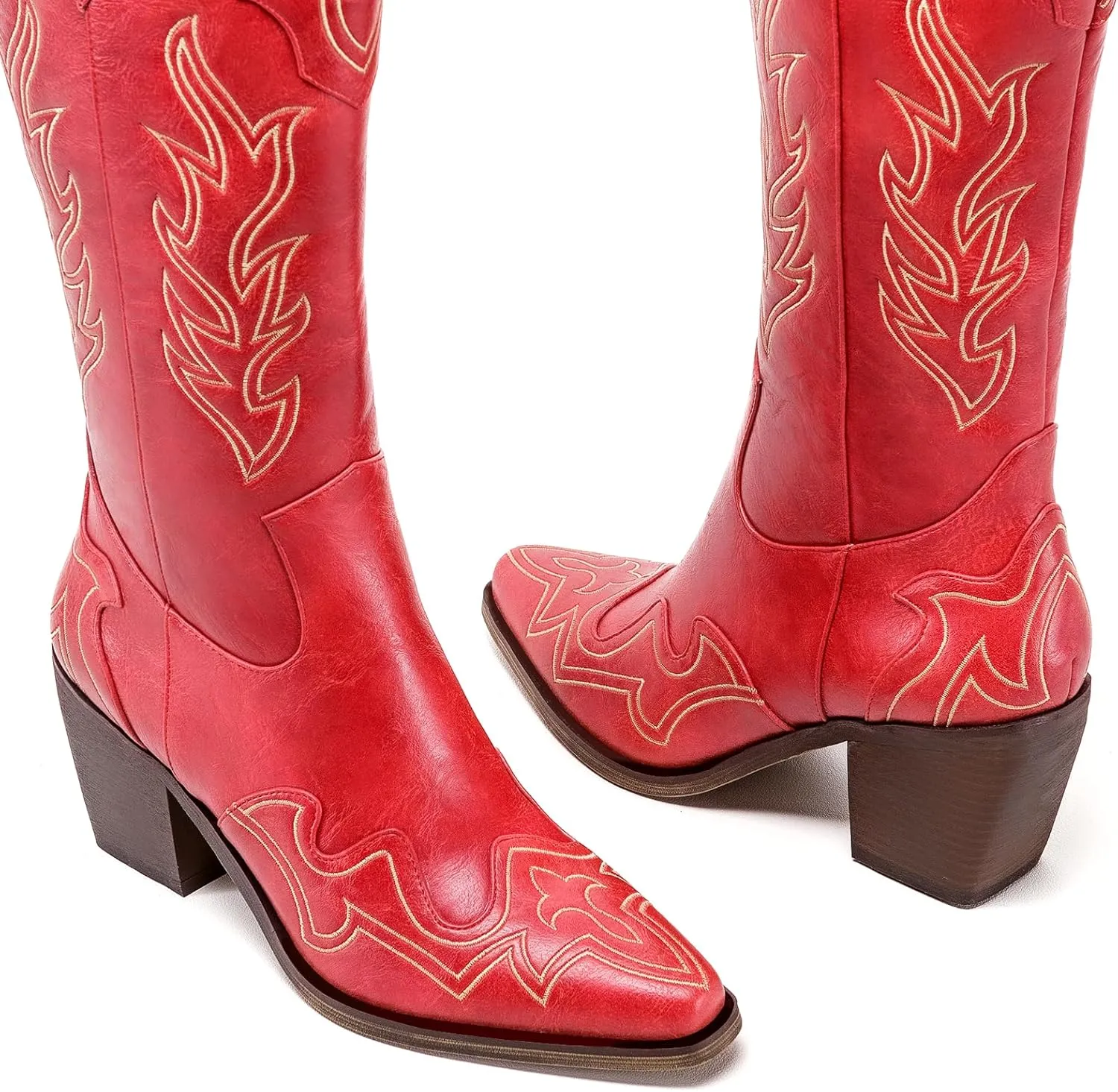 ADAMUMU Womens Wide Calf Cowboy Boots Classic Western-Style Cowboys Boots for Women Pointed Toe Womens Cowgirl Boots with Chunky Heel Non-Slip Sole for Adding Timeless Elegance to Your Wardrobe