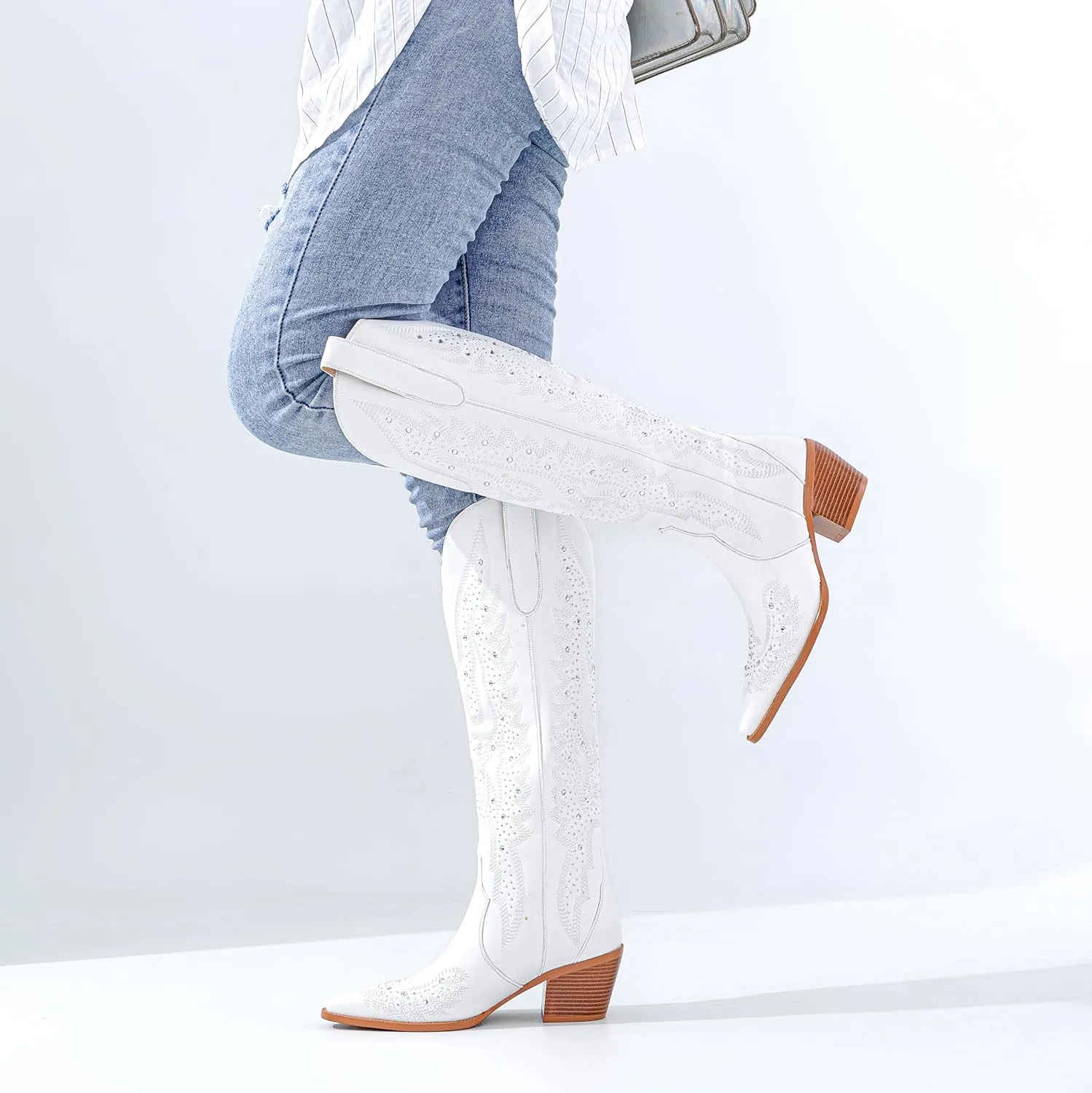 ADAMUMU Womens Wide Calf Cowboy Boots Classic Western-Style Cowboys Boots for Women Pointed Toe Womens Cowgirl Boots with Chunky Heel Non-Slip Sole for Adding Timeless Elegance to Your Wardrobe
