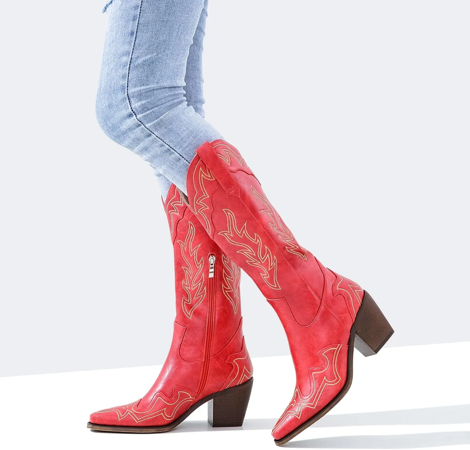 ADAMUMU Womens Wide Calf Cowboy Boots Classic Western-Style Cowboys Boots for Women Pointed Toe Womens Cowgirl Boots with Chunky Heel Non-Slip Sole for Adding Timeless Elegance to Your Wardrobe