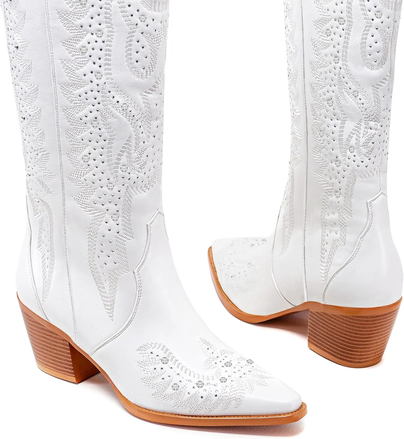 ADAMUMU Womens Wide Calf Cowboy Boots Classic Western-Style Cowboys Boots for Women Pointed Toe Womens Cowgirl Boots with Chunky Heel Non-Slip Sole for Adding Timeless Elegance to Your Wardrobe