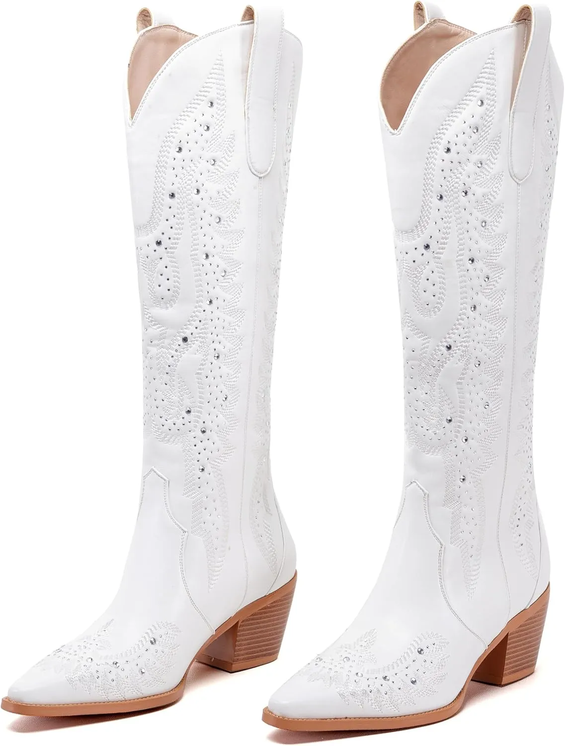 ADAMUMU Womens Wide Calf Cowboy Boots Classic Western-Style Cowboys Boots for Women Pointed Toe Womens Cowgirl Boots with Chunky Heel Non-Slip Sole for Adding Timeless Elegance to Your Wardrobe