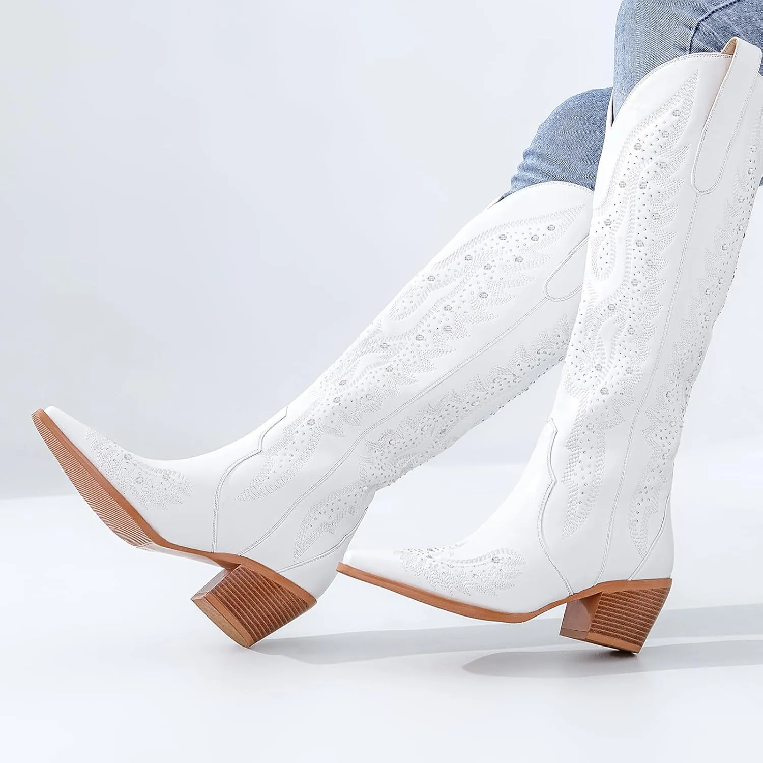 ADAMUMU Womens Wide Calf Cowboy Boots Classic Western-Style Cowboys Boots for Women Pointed Toe Womens Cowgirl Boots with Chunky Heel Non-Slip Sole for Adding Timeless Elegance to Your Wardrobe