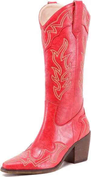 ADAMUMU Womens Wide Calf Cowboy Boots Classic Western-Style Cowboys Boots for Women Pointed Toe Womens Cowgirl Boots with Chunky Heel Non-Slip Sole for Adding Timeless Elegance to Your Wardrobe