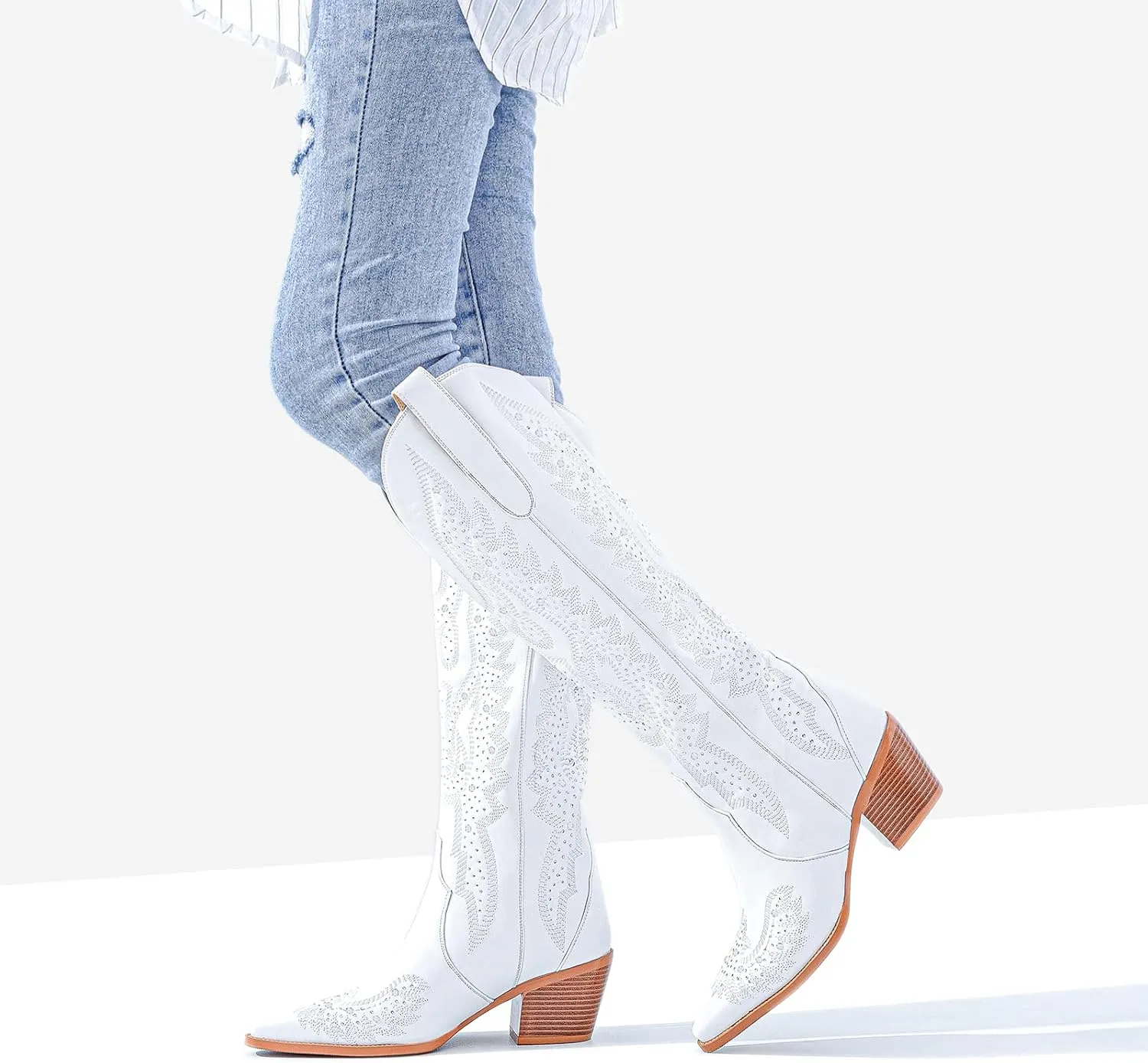 ADAMUMU Womens Wide Calf Cowboy Boots Classic Western-Style Cowboys Boots for Women Pointed Toe Womens Cowgirl Boots with Chunky Heel Non-Slip Sole for Adding Timeless Elegance to Your Wardrobe