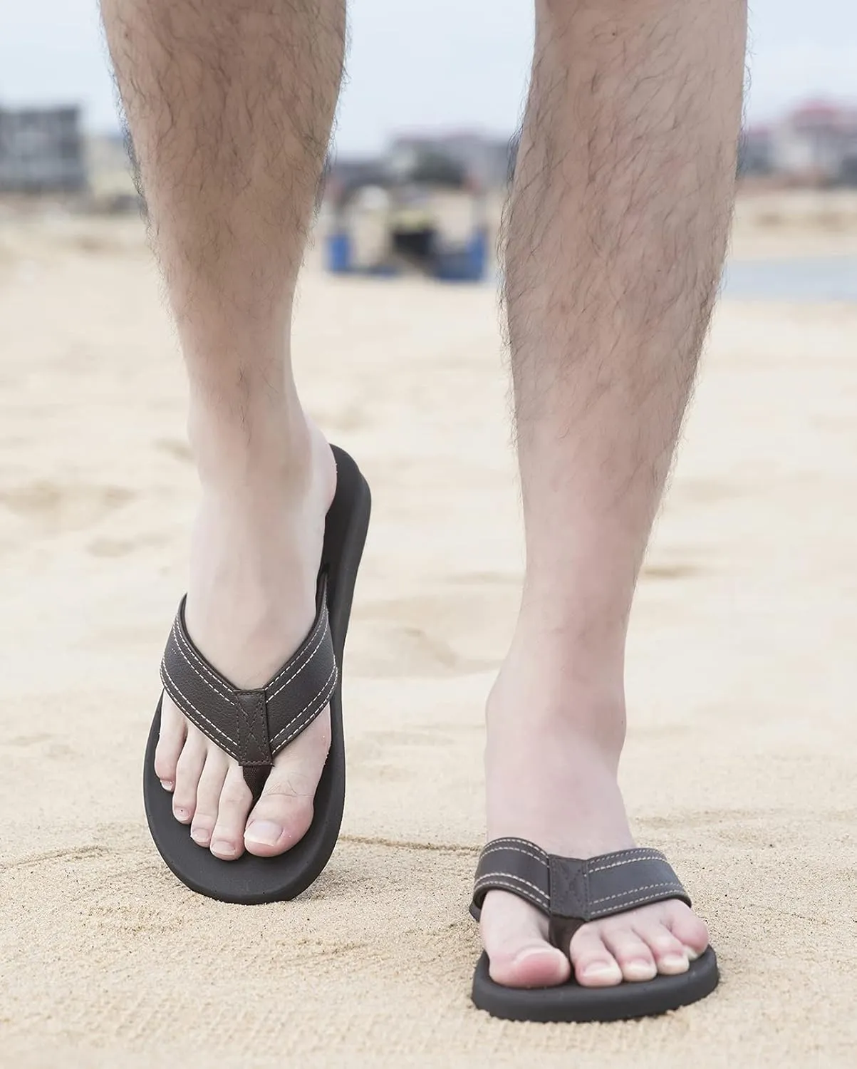 ADAX Mens Comfortable Leather Flip Flops,Non-Slip Sport Cushion Beach Slippers Thong Sandals