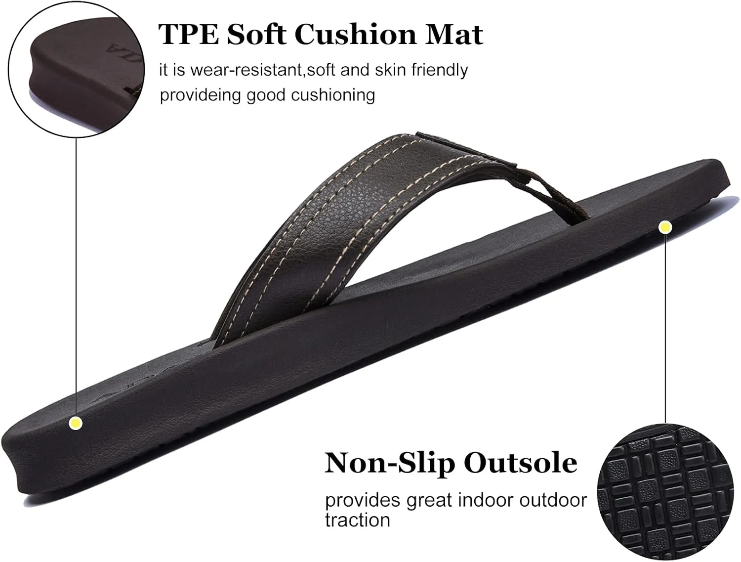 ADAX Mens Comfortable Leather Flip Flops,Non-Slip Sport Cushion Beach Slippers Thong Sandals