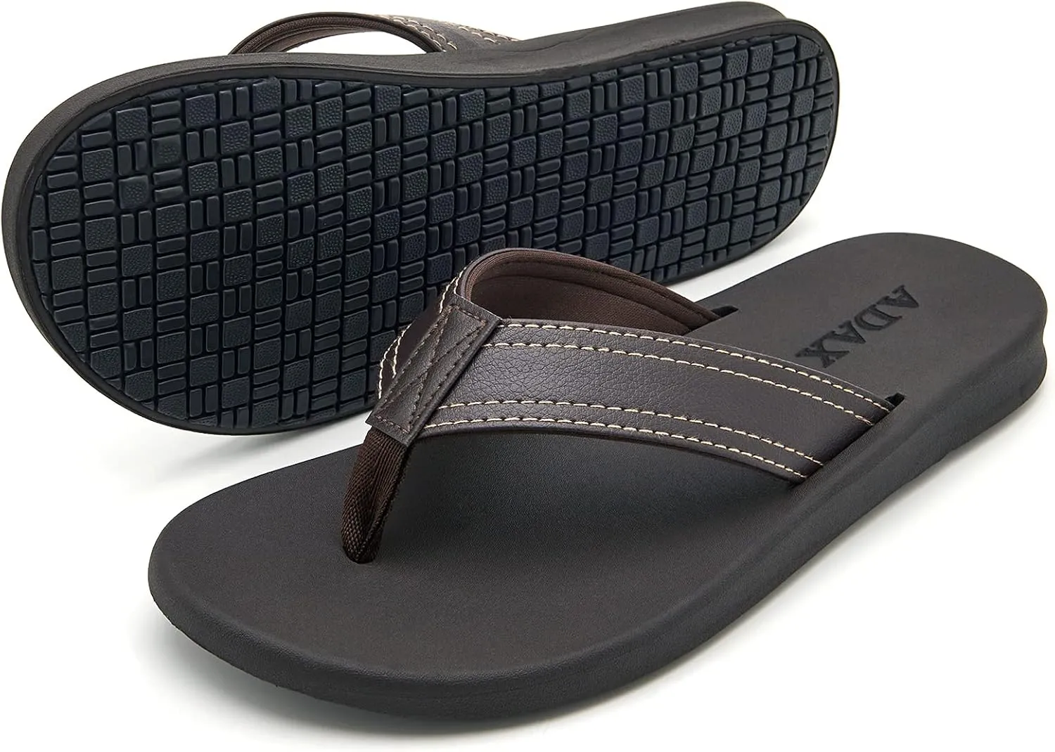 ADAX Mens Comfortable Leather Flip Flops,Non-Slip Sport Cushion Beach Slippers Thong Sandals