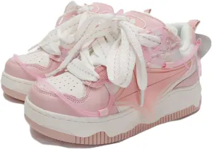 Aelfric Eden Pink Platform Leather Lace-up Sneakers Color Blocking Patchwork Skate Shoes Y2K Aesthetic Fashion Walking Shoes