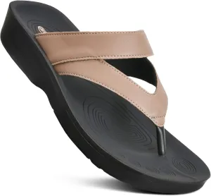 AEROTHOTIC Comfy Open Toe Arch Support Flip Flops for Women Cushion Padded Stylish Straps Dressy Sandals Walking Travel Beach Wear