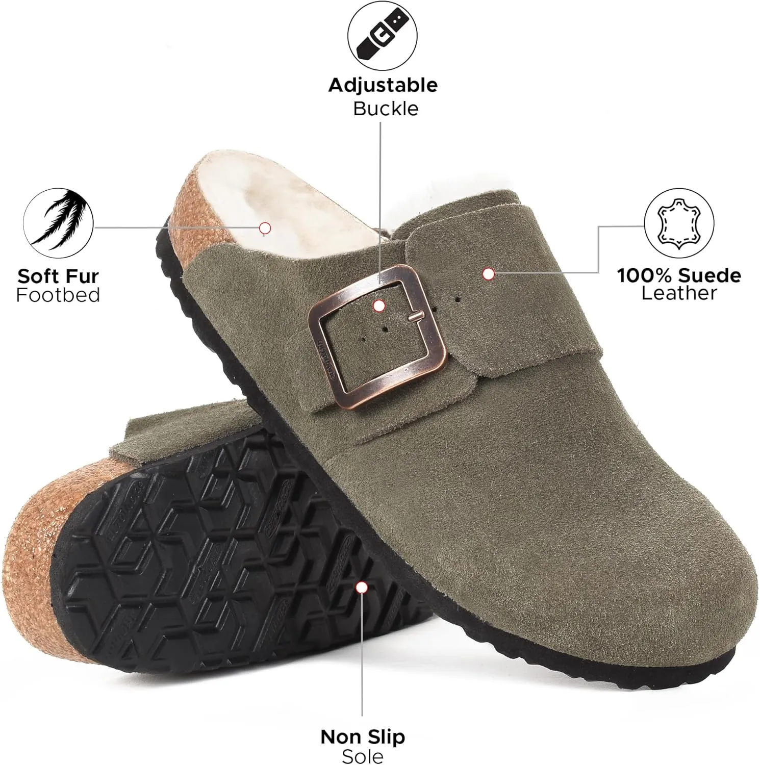 AEROTHOTIC Genuine Leather Fur Lined Clogs for Women with Arch Support Memory Foam Soft Cork Foodbed All-Day Wear Casual Comfort Potato Shoes Mules