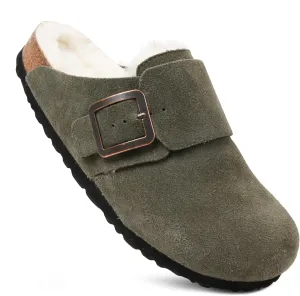 AEROTHOTIC Genuine Leather Fur Lined Clogs for Women with Arch Support Memory Foam Soft Cork Foodbed All-Day Wear Casual Comfort Potato Shoes Mules