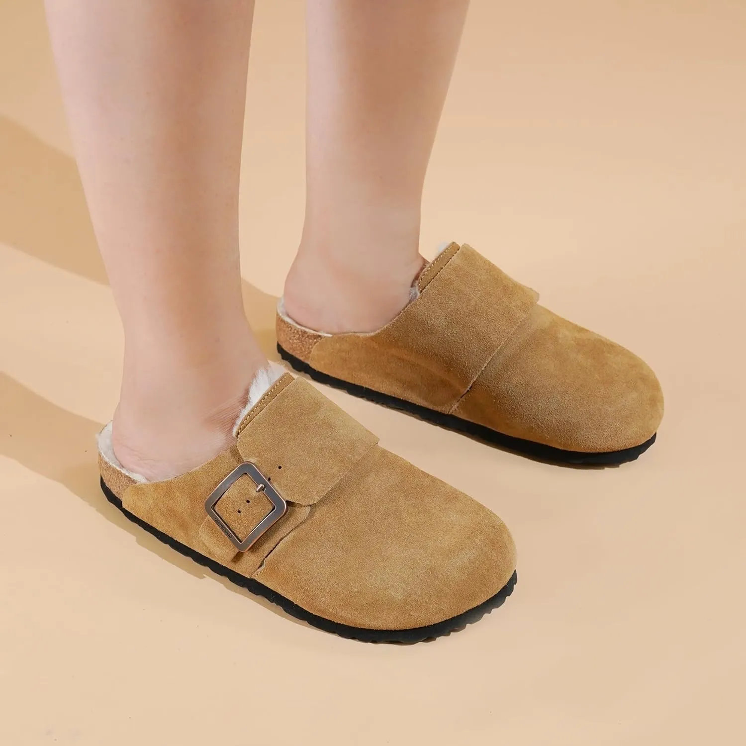 AEROTHOTIC Genuine Leather Fur Lined Clogs for Women with Arch Support Memory Foam Soft Cork Foodbed All-Day Wear Casual Comfort Potato Shoes Mules