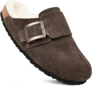 AEROTHOTIC Genuine Leather Fur Lined Clogs for Women with Arch Support Memory Foam Soft Cork Foodbed All-Day Wear Casual Comfort Potato Shoes Mules