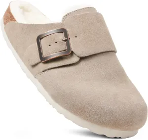 AEROTHOTIC Genuine Leather Fur Lined Clogs for Women with Arch Support Memory Foam Soft Cork Foodbed All-Day Wear Casual Comfort Potato Shoes Mules