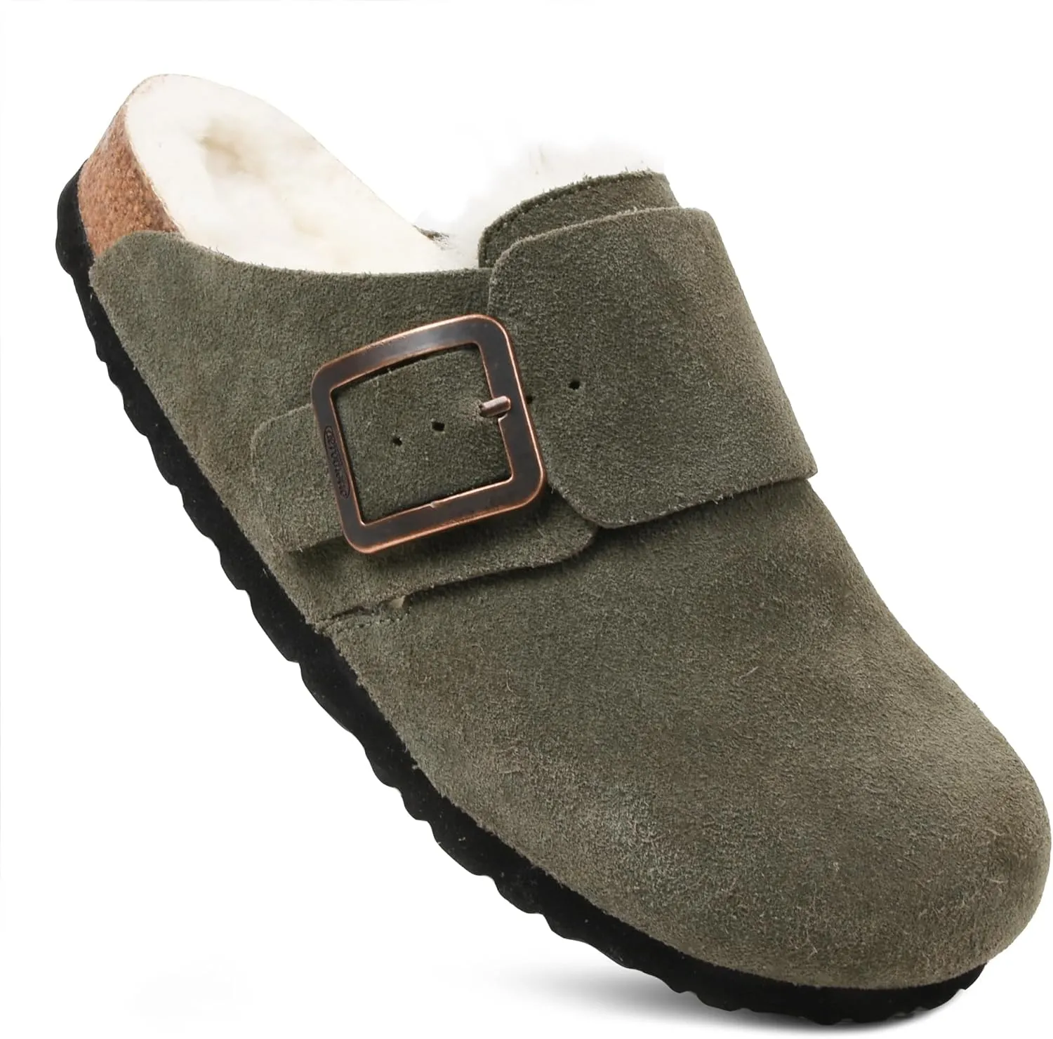 AEROTHOTIC Genuine Leather Fur Lined Clogs for Women with Arch Support Memory Foam Soft Cork Foodbed All-Day Wear Casual Comfort Potato Shoes Mules