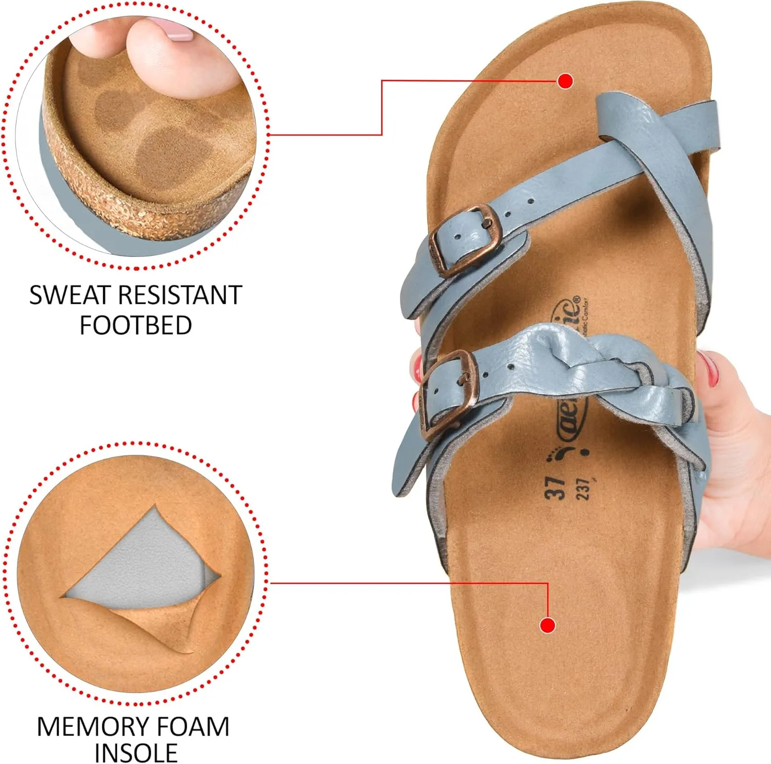 AEROTHOTIC Womens Strappy Slip-On Modern Memory Foam Cushion Footbed Outdoor Adjustable Buckle Cork Footbed Slides for Sandals with Comfortable Arch Support