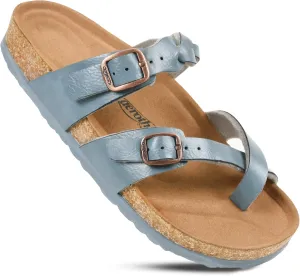 AEROTHOTIC Womens Strappy Slip-On Modern Memory Foam Cushion Footbed Outdoor Adjustable Buckle Cork Footbed Slides for Sandals with Comfortable Arch Support
