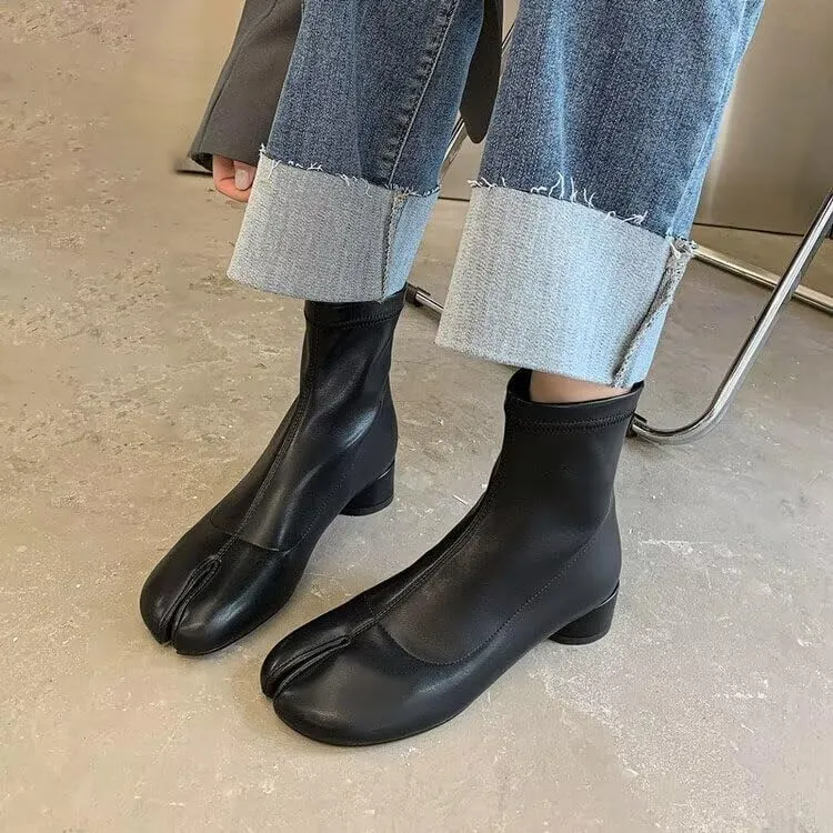 Agodor Women Split Toe Tabi Shoes Chunky Block High Heels Mid Calf Boots Vintage Fashion Shoes