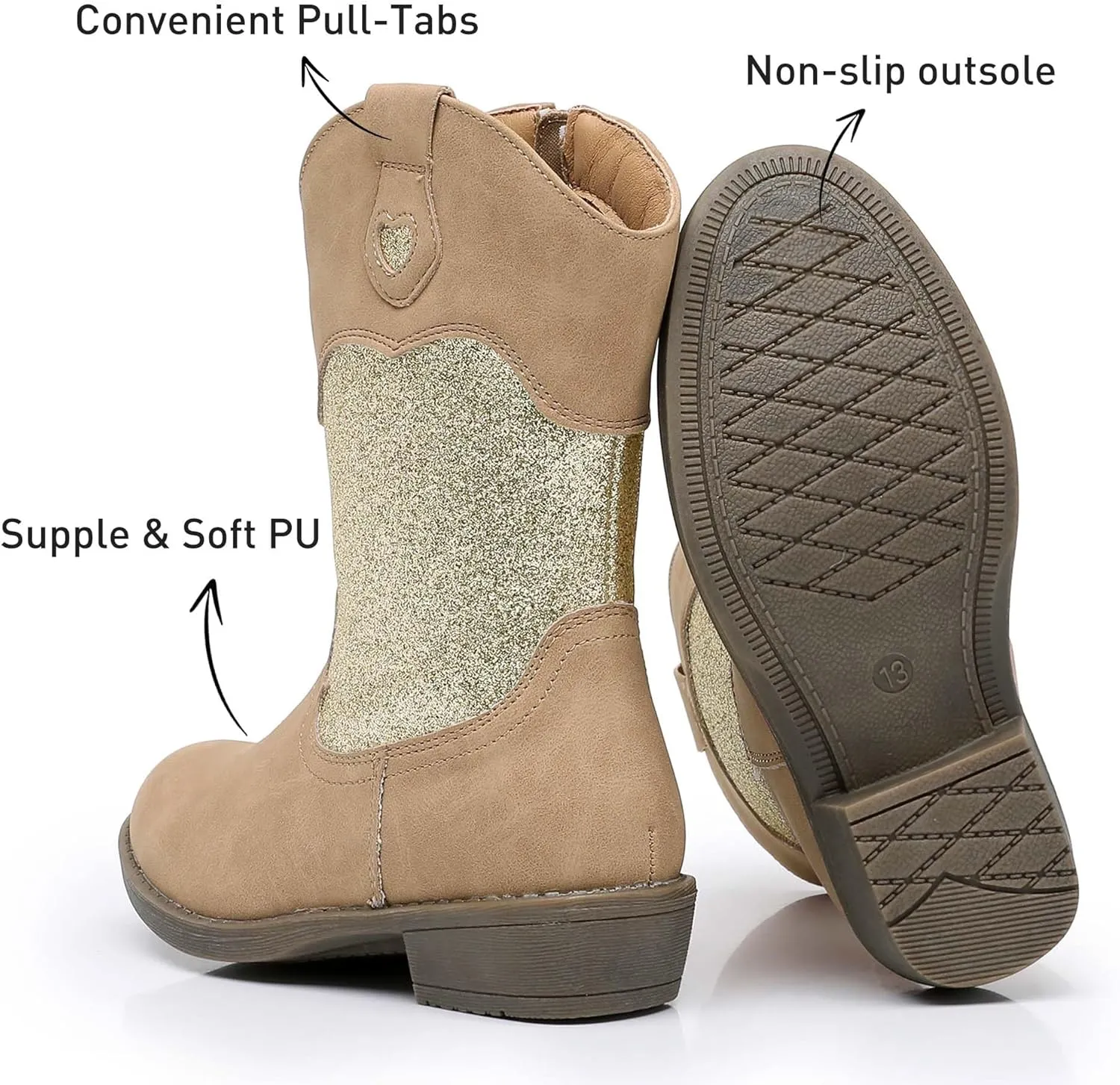 Ahannie Girls Cowboy Boots Western Cowgirl Boots for Girls with Side Zipper Boot for Toddler/Little Kid/Big Kid