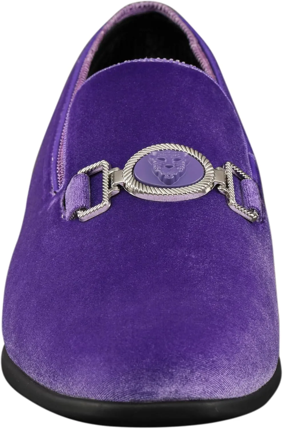Amali Velvet Slip-On Dress Loafers for Men with Lion Head Piece, Men's Formal Smoking Tuxedo Slippers, Loafer Shoes with Metal Chain Detail