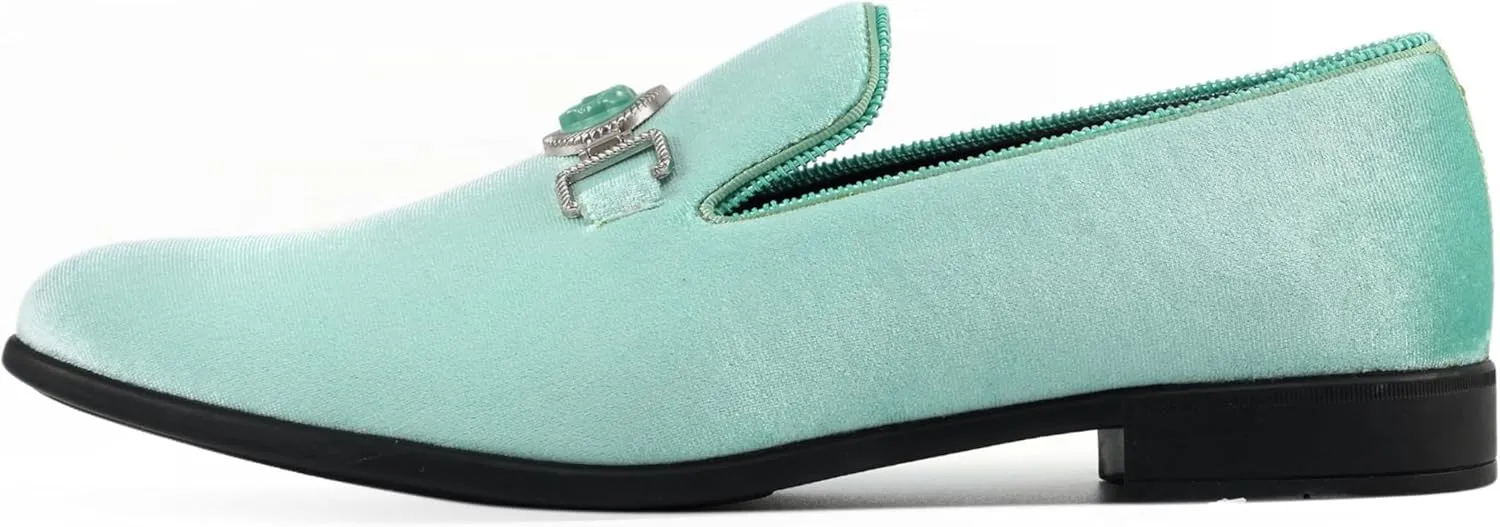 Amali Velvet Slip-On Dress Loafers for Men with Lion Head Piece, Men's Formal Smoking Tuxedo Slippers, Loafer Shoes with Metal Chain Detail