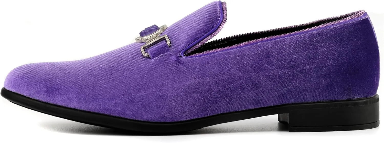 Amali Velvet Slip-On Dress Loafers for Men with Lion Head Piece, Men's Formal Smoking Tuxedo Slippers, Loafer Shoes with Metal Chain Detail