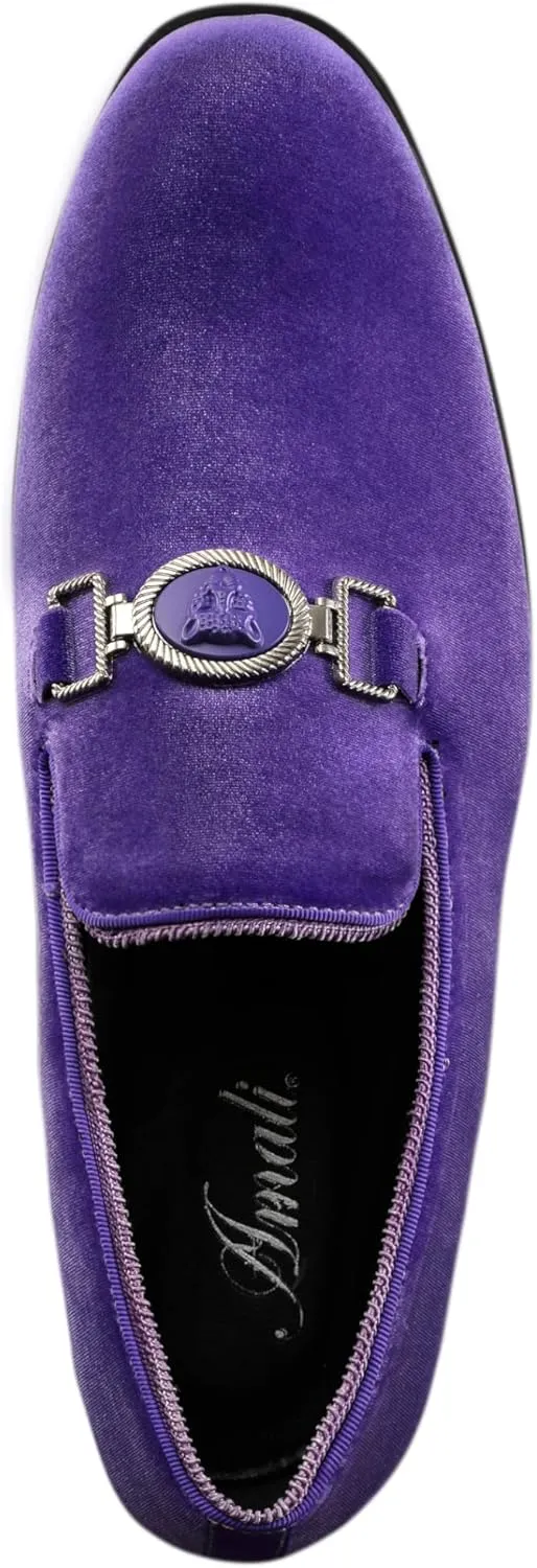 Amali Velvet Slip-On Dress Loafers for Men with Lion Head Piece, Men's Formal Smoking Tuxedo Slippers, Loafer Shoes with Metal Chain Detail