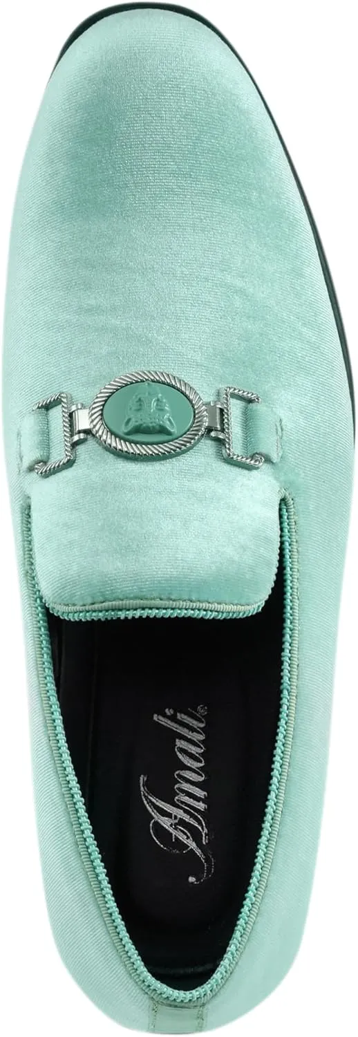 Amali Velvet Slip-On Dress Loafers for Men with Lion Head Piece, Men's Formal Smoking Tuxedo Slippers, Loafer Shoes with Metal Chain Detail