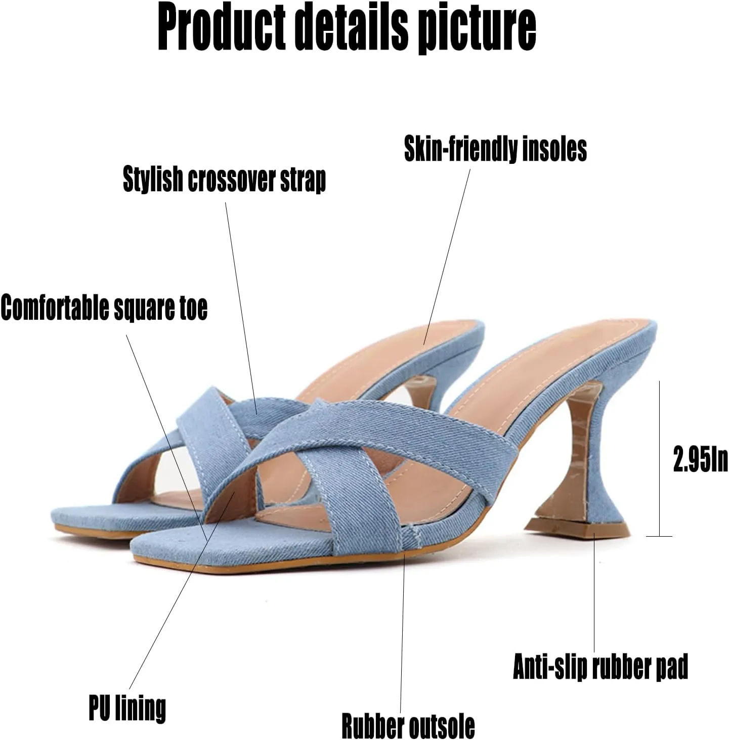 AMAZIDEAL Women's Denim Square Open Toe Kitten Heel Sandals,Summer Fashion Backless Slip-on Kitten Heels Mules,Sexy Party Dress Sandals