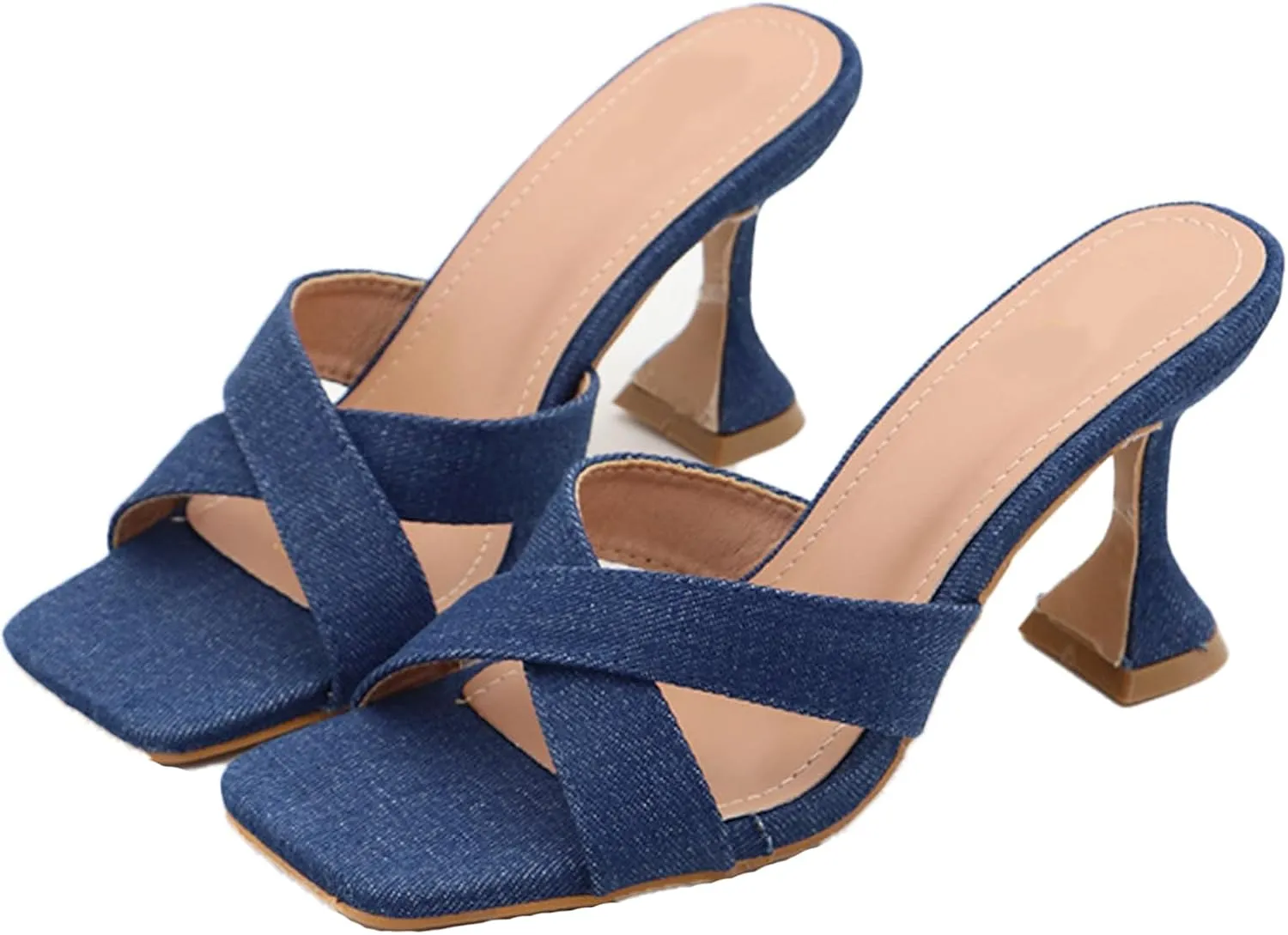 AMAZIDEAL Women's Denim Square Open Toe Kitten Heel Sandals,Summer Fashion Backless Slip-on Kitten Heels Mules,Sexy Party Dress Sandals