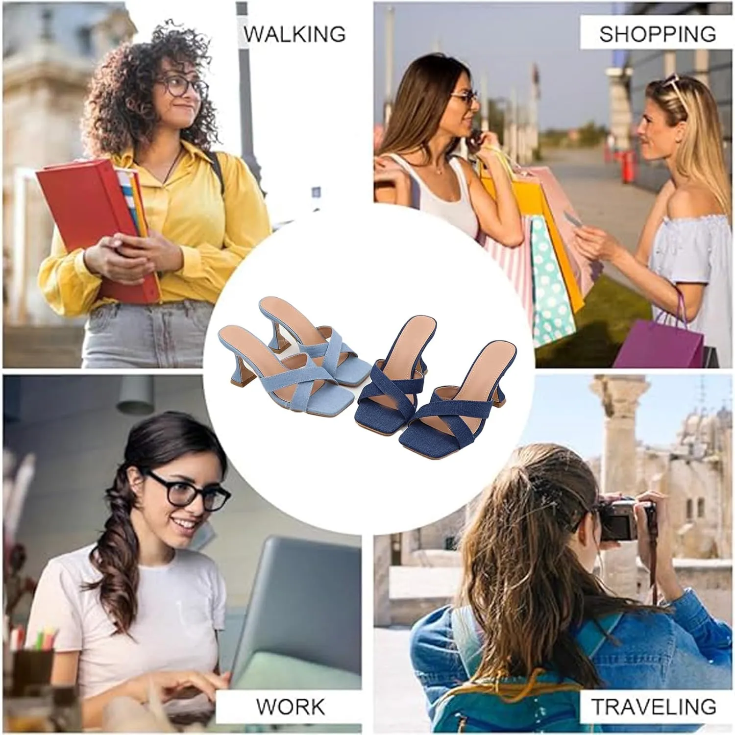 AMAZIDEAL Women's Denim Square Open Toe Kitten Heel Sandals,Summer Fashion Backless Slip-on Kitten Heels Mules,Sexy Party Dress Sandals