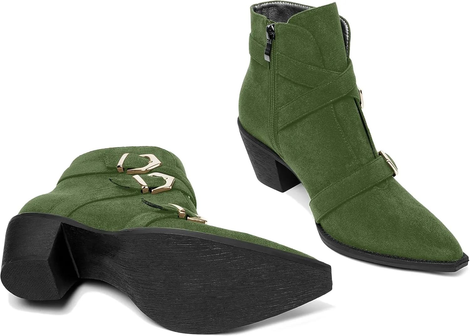 AMBELIGHT Womens School Bukcle Zip Suede Fashion Pointed Toe Chunky Low Heel Ankle High Boots 2.5 Inch