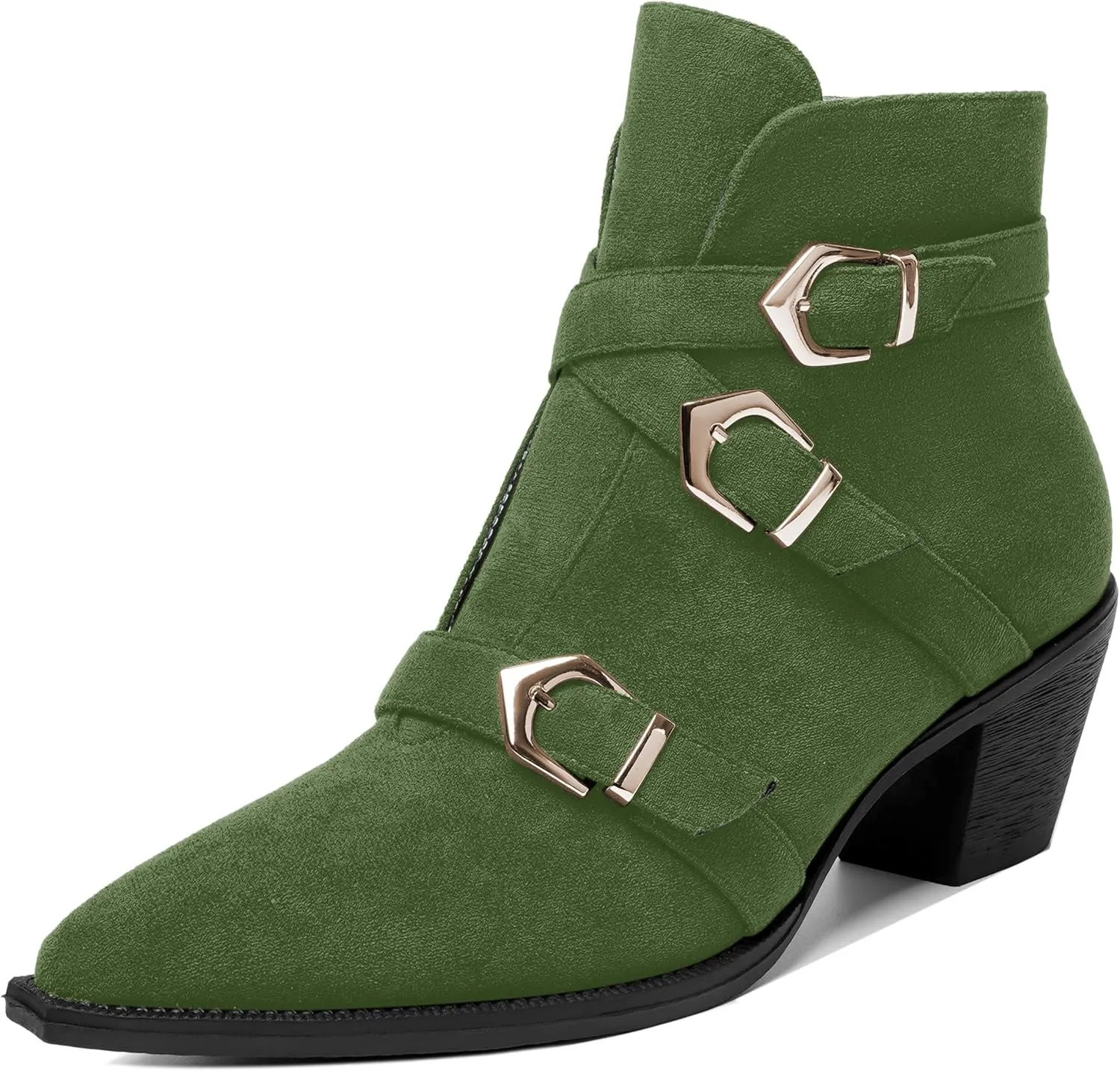 AMBELIGHT Womens School Bukcle Zip Suede Fashion Pointed Toe Chunky Low Heel Ankle High Boots 2.5 Inch