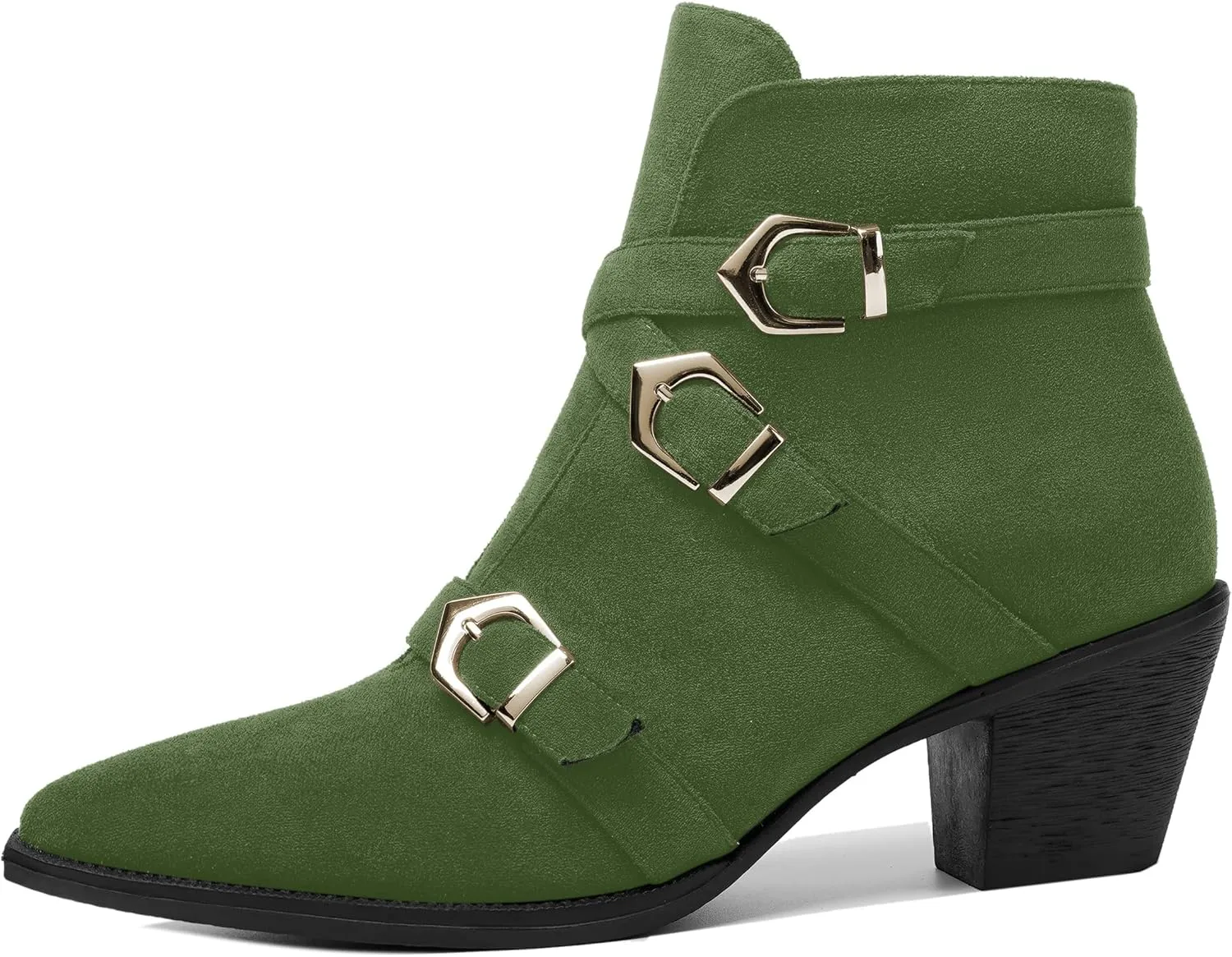 AMBELIGHT Womens School Bukcle Zip Suede Fashion Pointed Toe Chunky Low Heel Ankle High Boots 2.5 Inch