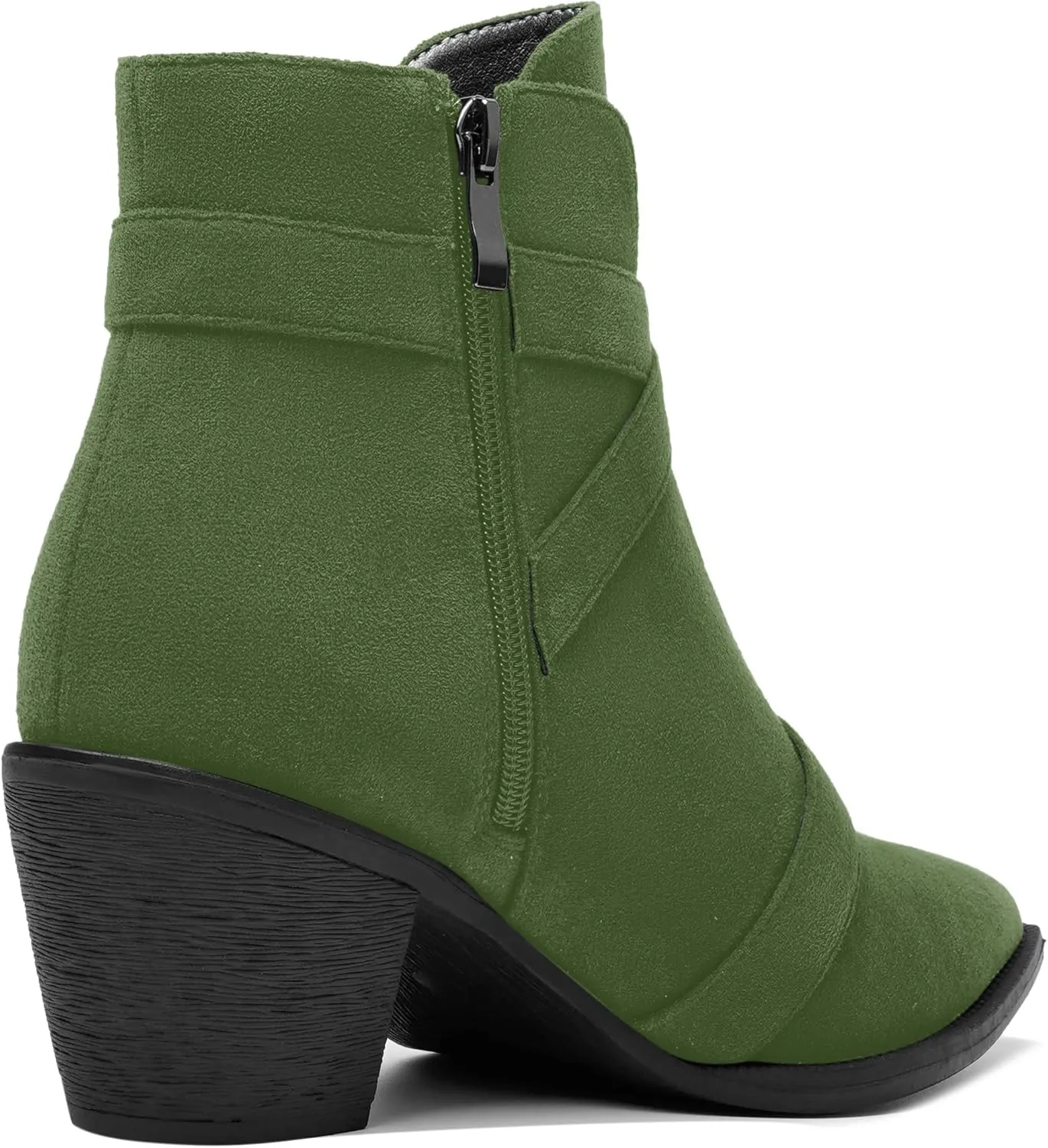 AMBELIGHT Womens School Bukcle Zip Suede Fashion Pointed Toe Chunky Low Heel Ankle High Boots 2.5 Inch