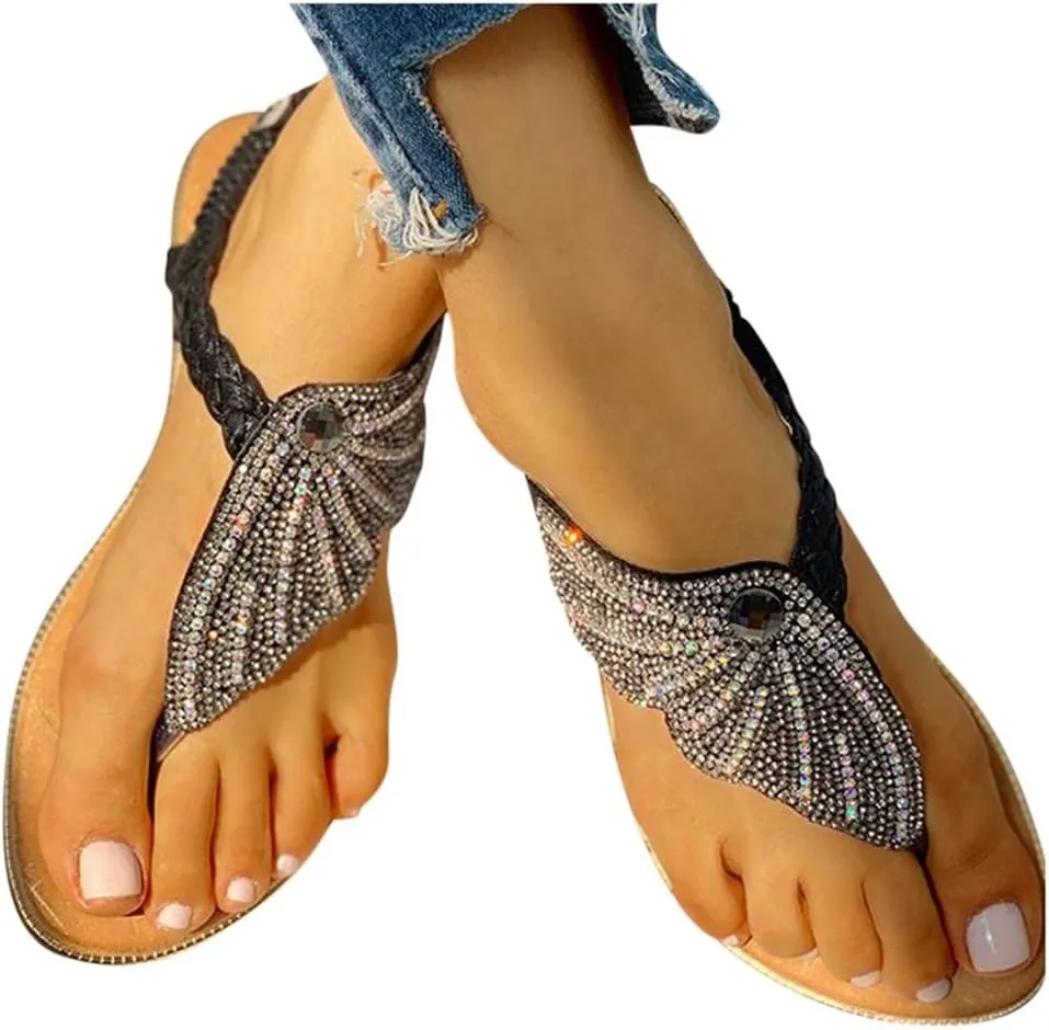 Aniywn Ladies Sandals Bohemia Flip Flops Sandals Summer Casual Comfortable Crystal t-Strap Thong Sandals