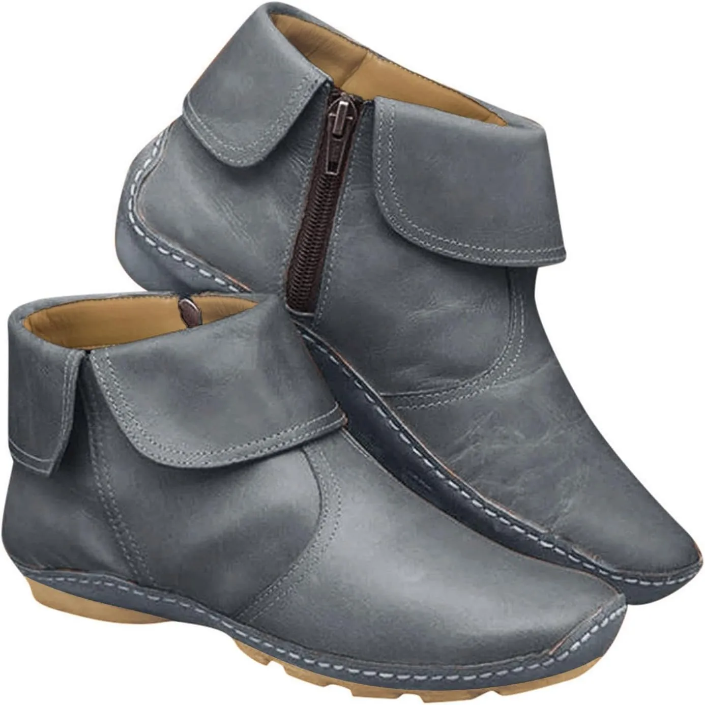 Ankle Boots for Women Flat Heel Round Toe Booties Fashion Side Zip Vintage Boots Low Heel Arch Support Booties