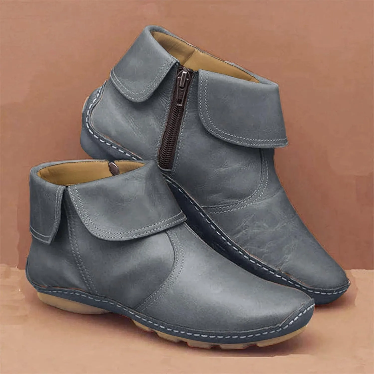 Ankle Boots for Women Flat Heel Round Toe Booties Fashion Side Zip Vintage Boots Low Heel Arch Support Booties