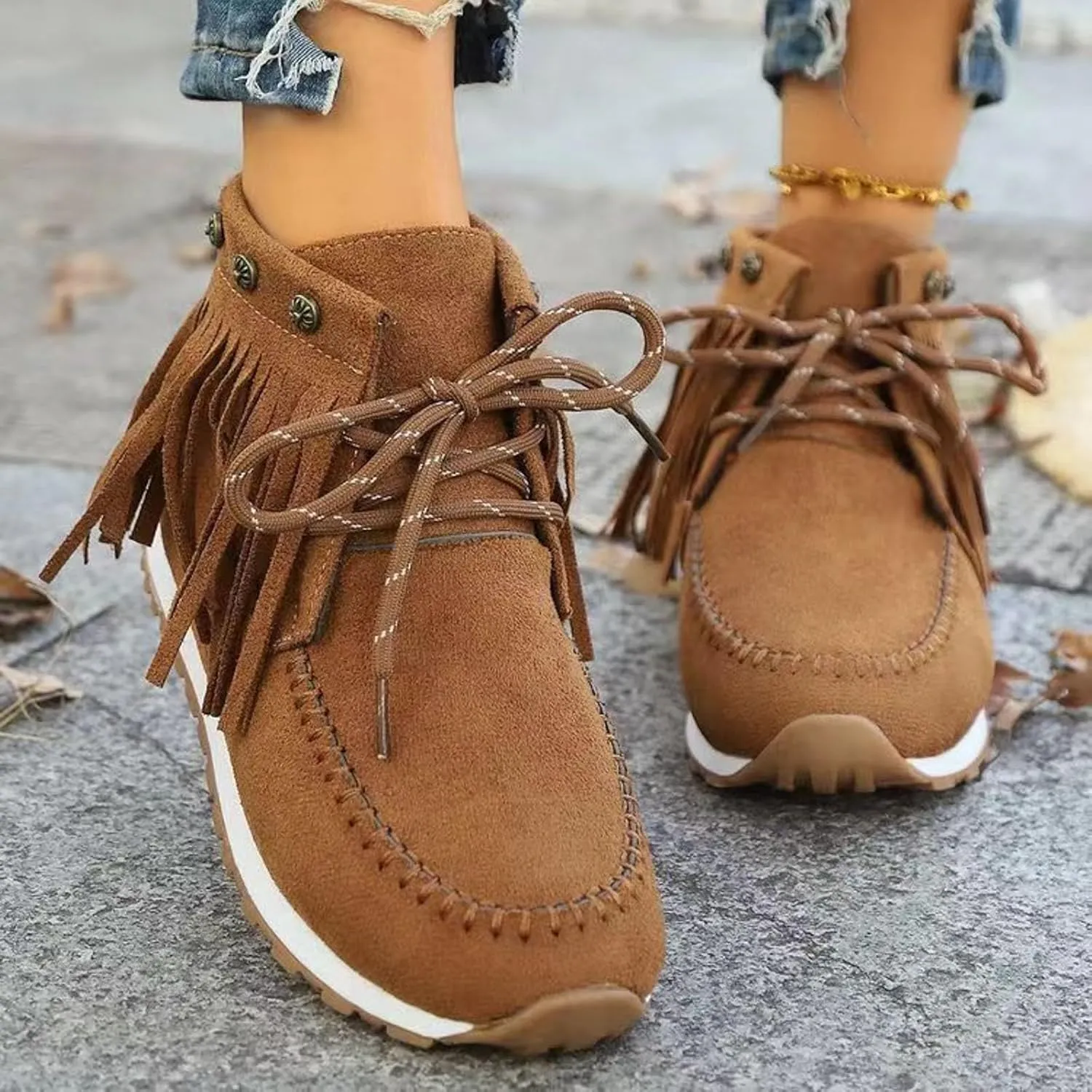 Ankle Boots for Women Flat Side Zip Vintage Womens Cowboy Boots Round Toe Fringe Buckle Straps Studded Western Cowboy Shoes