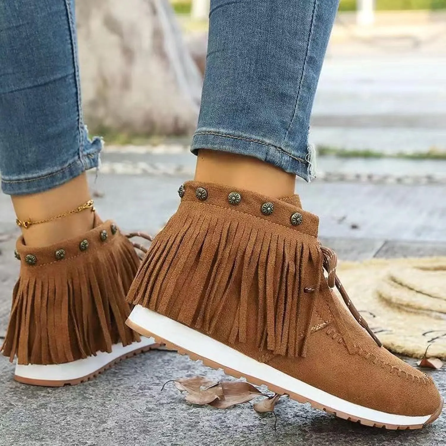Ankle Boots for Women Flat Side Zip Vintage Womens Cowboy Boots Round Toe Fringe Buckle Straps Studded Western Cowboy Shoes