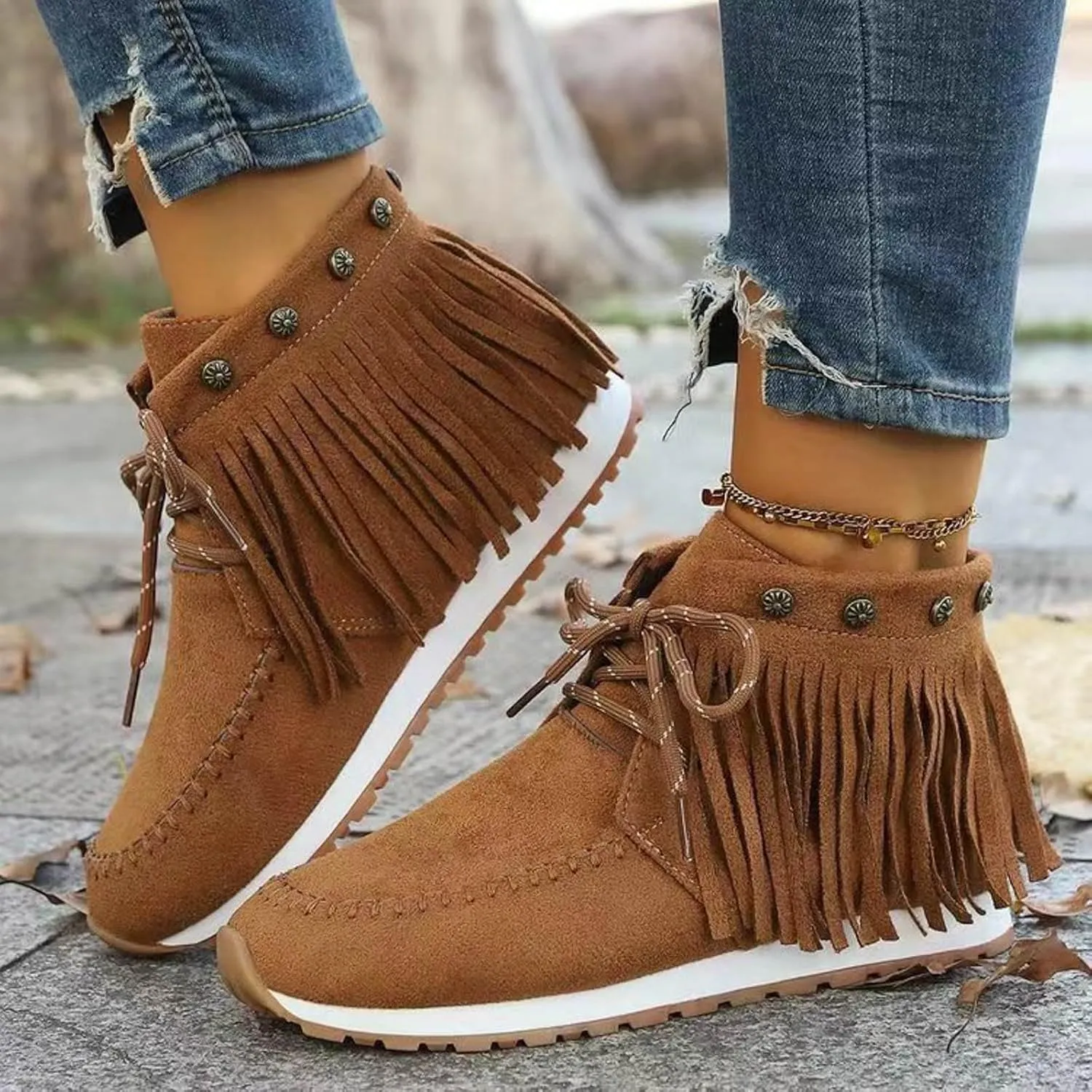 Ankle Boots for Women Flat Side Zip Vintage Womens Cowboy Boots Round Toe Fringe Buckle Straps Studded Western Cowboy Shoes
