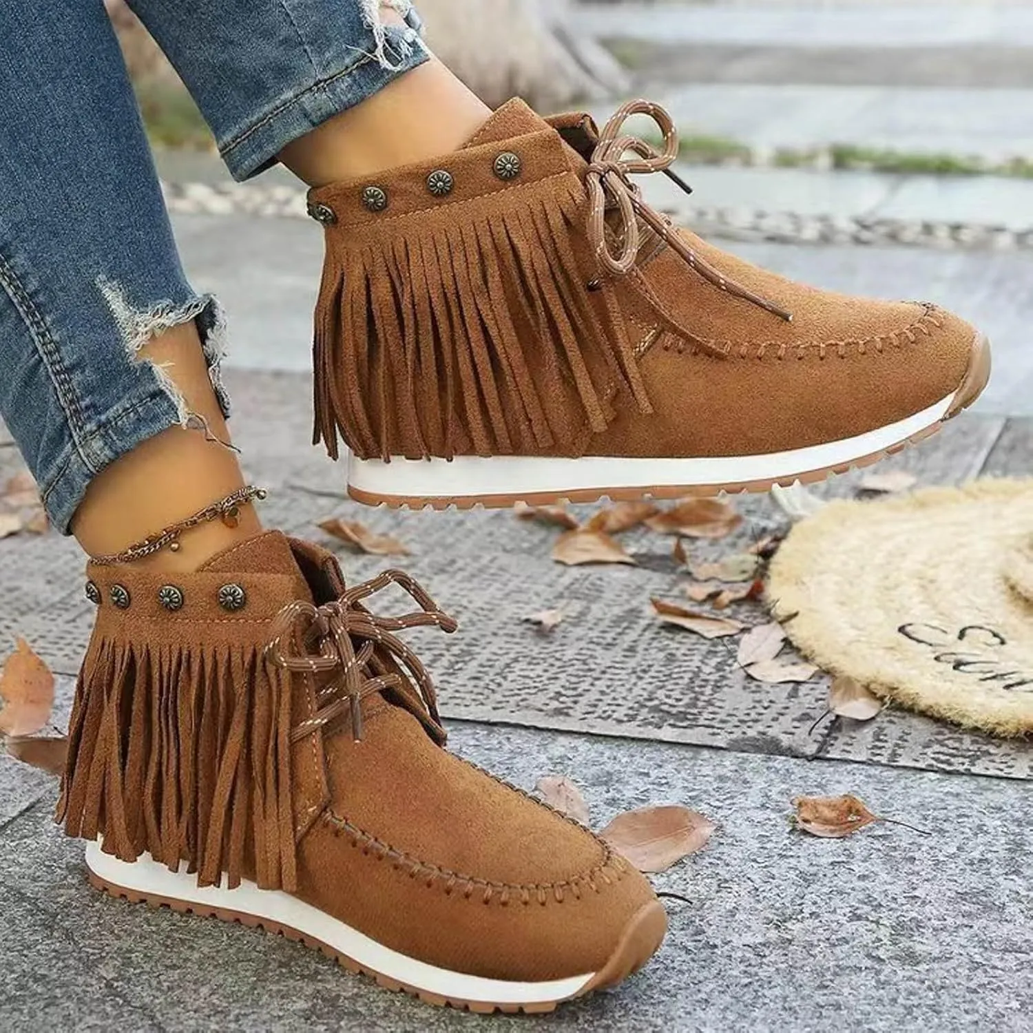 Ankle Boots for Women Flat Side Zip Vintage Womens Cowboy Boots Round Toe Fringe Buckle Straps Studded Western Cowboy Shoes