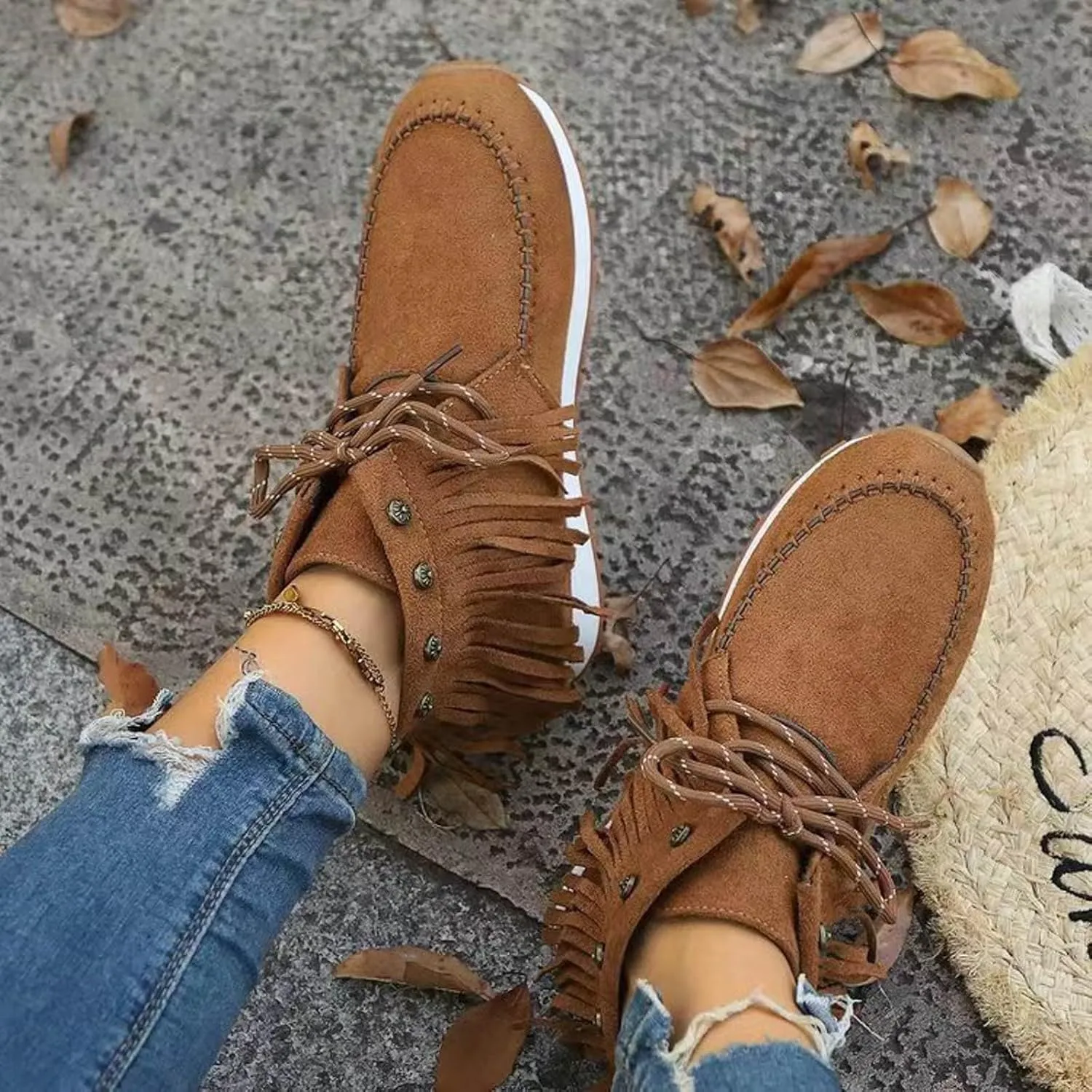 Ankle Boots for Women Flat Side Zip Vintage Womens Cowboy Boots Round Toe Fringe Buckle Straps Studded Western Cowboy Shoes