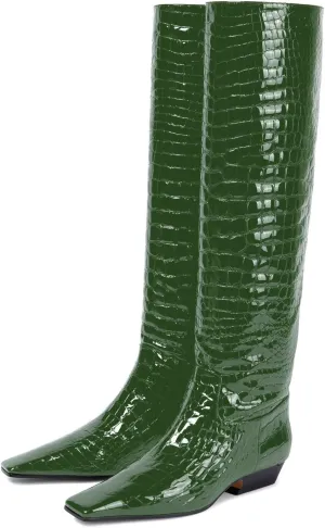 anteikira Women's Fashion Chunky Heel Square Toe Knee High Boots Crocodile Closed Toe Tall Boots Pull On Long Boot for Women Size 5.5-12US